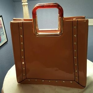 Tan Faux Patent Leather, Bedazzled Purse
